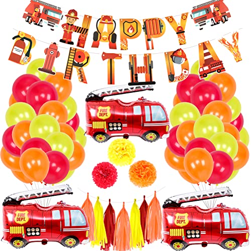 Xingsky Kindergeburtstag, Feuerwehrauto Deko Luftballons, Spielzeug Feuerwehrmann Geburtstag Banner, Spielzeug Feuerwehrmann Geburtstag Banner Tortendeko für Baby Party Deko Junge Cover