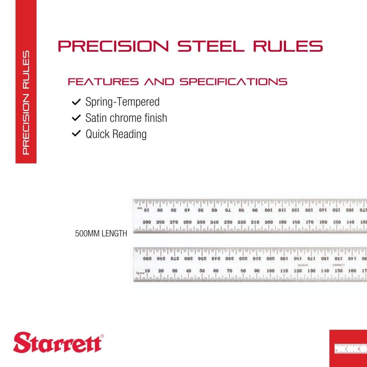 Starrett, Riga di precisione in acciaio, 300 mm, con scala millimetrica, 35 gradi, cromata opaca