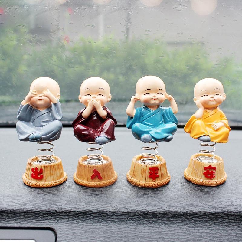 Image of Buko Set of 4 Buddha Monk Statues Miniature Figurines Showpiece for Wall Shelf Table Desktop Car Dashboard Decoration Home Office Decor (Spring Cute Buddha Set-of-4)