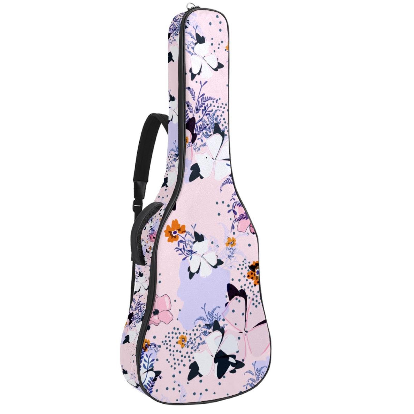 Torba na gitarę akustyczną Wodoodporny plecak na gitary Grube miękkie wyściełane kwiaty i motyle Klasyczna obudowa na gitarę, wielobarwny, 42.9x16.9x4.7 in, Organizer do torby