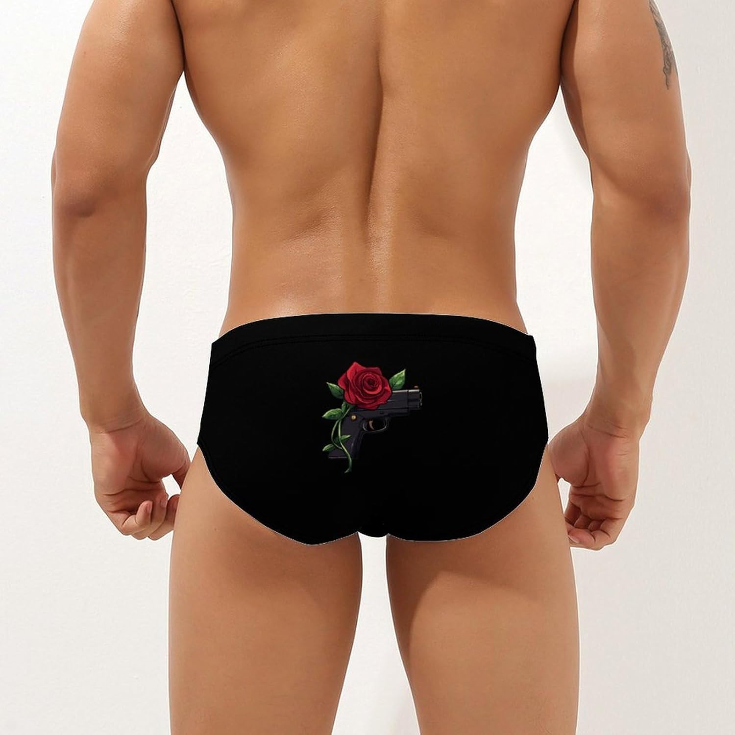Rose Gun Men's Swimsuit Brief Sexy Bikini Briefs Retro Printed Swimwear Quick Dry Swimming Trunks 3X-Large