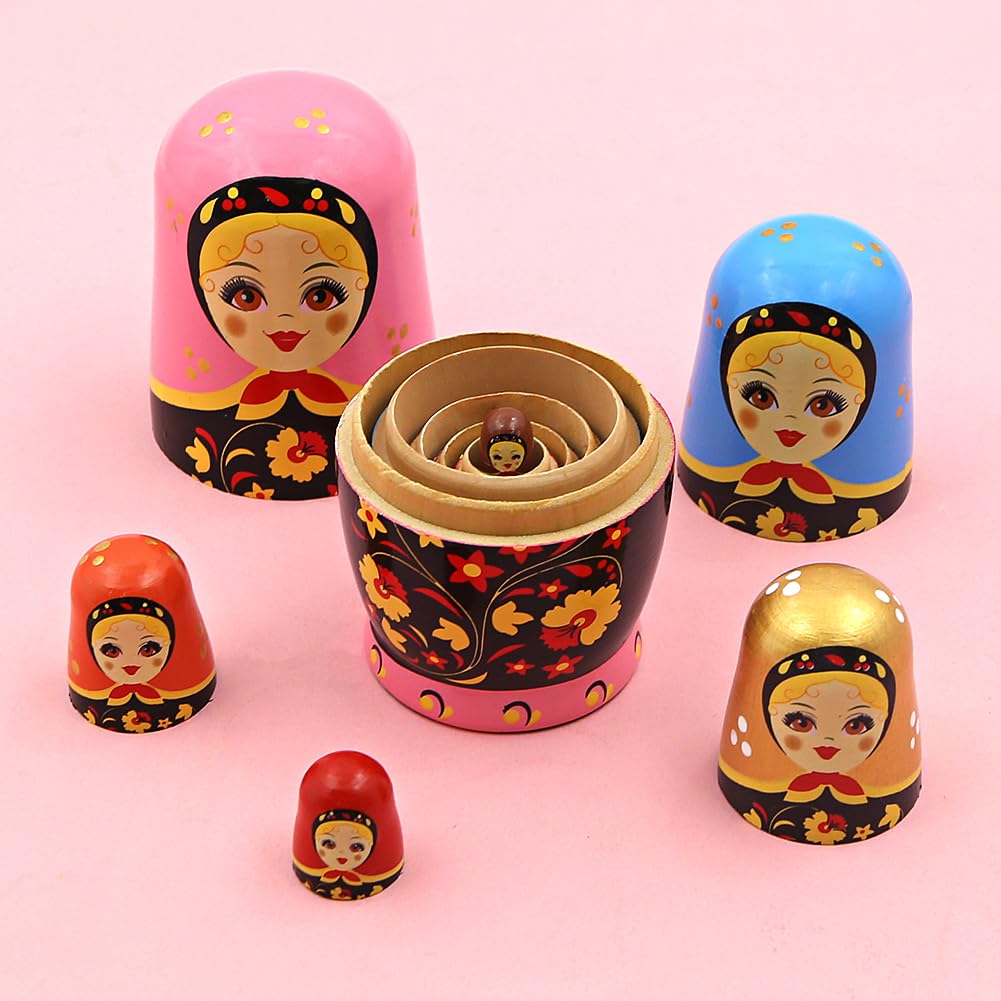 Lot de 6 poupées gigognes en forme de fleur rose pour fille, poupée russe traditionnelle en bois colorée faite à la main, poupées Matryoshka, jouet à empiler Babushka pour enfants, anniversaire, maiso