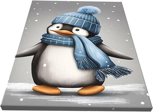 Miniatura 2 de WEASYYDS Lienzo decorativo para pared de pingüino gris de invierno, con sombrero azul, impresión de pingüinos, imagen de animales, decoración para