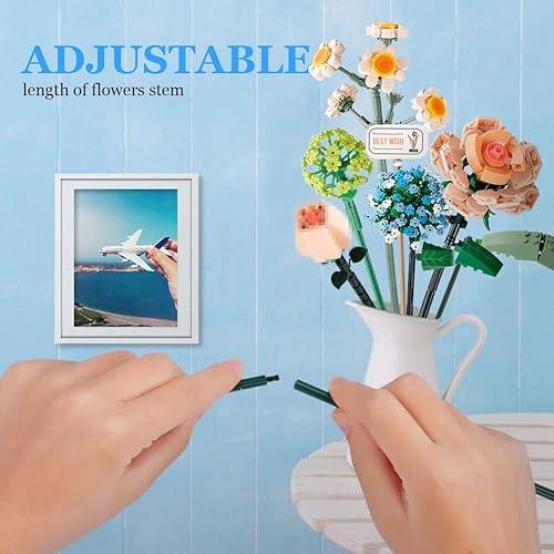Miniatura 3 de OSDUE Juego de construcción de ramos de flores de ladrillos pequeños, flores artificiales, decoración única para el hogar, 680 piezas de colección