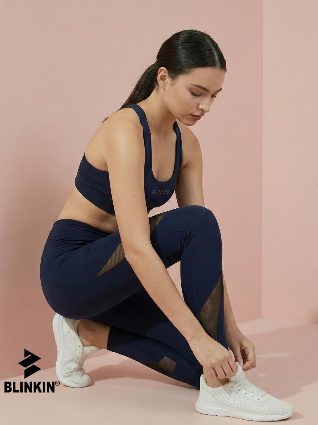 BLINKIN Pantalones de gimnasio elásticos para mujer y mallas para mujer con inserto de malla y bolsillos laterales (2670), Azul Marino, 36