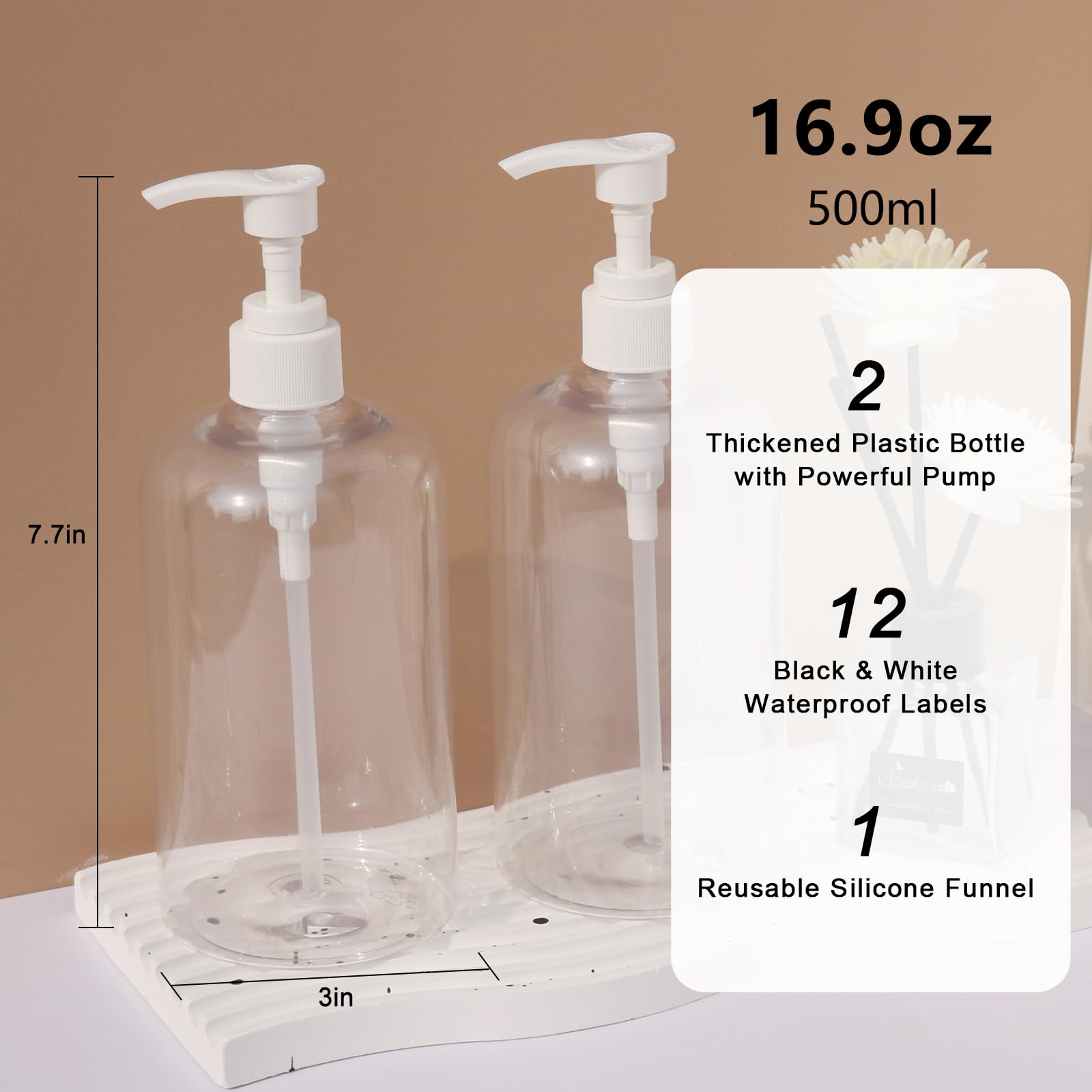 Soap Dispenser with Waterproof Labels, Thickened Plastic Hand Soap Dispenser for Bathroom, Kitchen Dish Washing Liquid Bottles, Shampoo and Conditioner Bottles (16.9 oz, Set of 2, Clear)