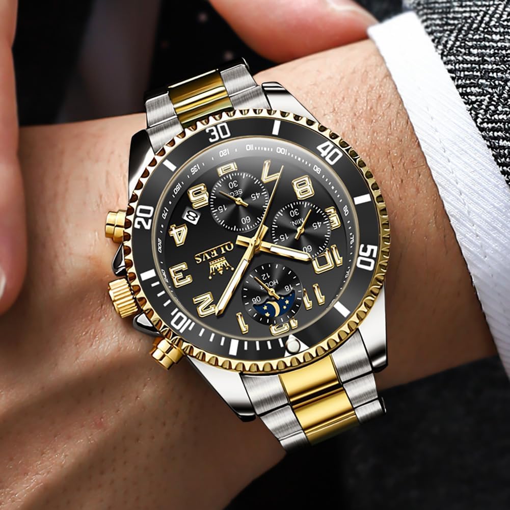 OLEVS Watches for Men Stainless Steel Classic Large Face Casual Dress Watches for Men, Luxury Waterproof Analog Quartz Mens Watch, Fashion Easy to Read Watch Mens, Blue/Black/Gold/Green Dial - Image 3