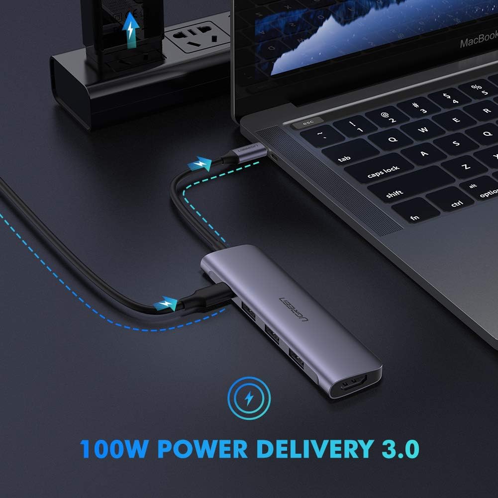 UGREEN USB C Hub، USB Type C 3.1 Adapter with Port 4K HDMI، 3 USB 3.0، 100W USB C Port Port Charge for Samsung Galaxy S9 MacBook Pro 2018، Matebook X Pro Dell XPS 15 13، HP Spectre Envy، Lenovo Yoga 720