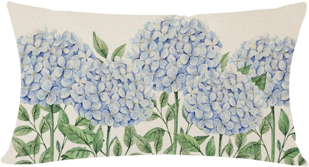 Beautiful Blue Hydrangea &Hummingbirds pillow Covers 18x18” Set of 4 Linen, Outdoor/Indoor