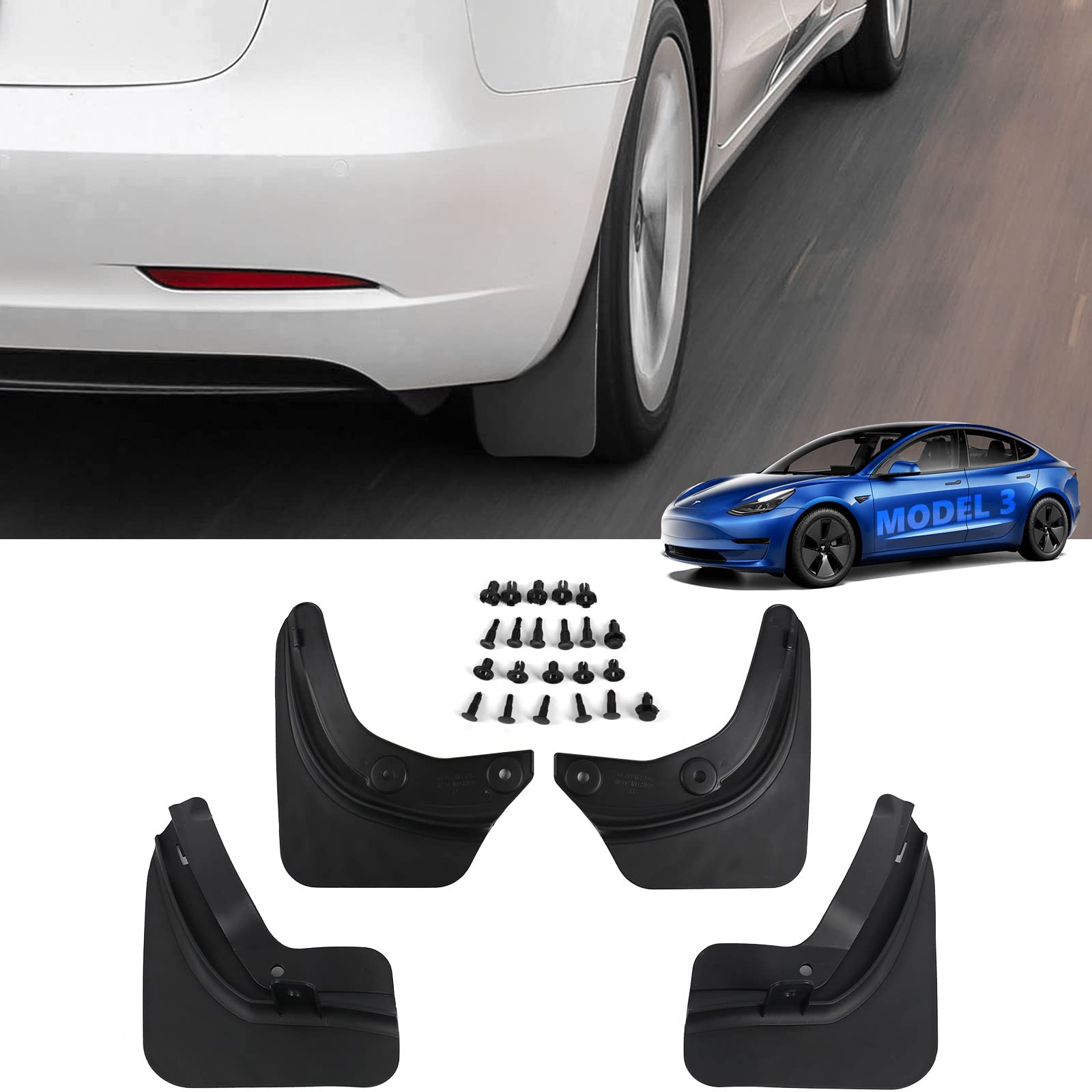 Huray Tesla Model 3 Mud Flaps Fit for Tesla Model 3 2016-2023 Accessories Mud Guards Splash Guards Fender Front and Rear, No Drilling Required, Set of 4 (OEM)