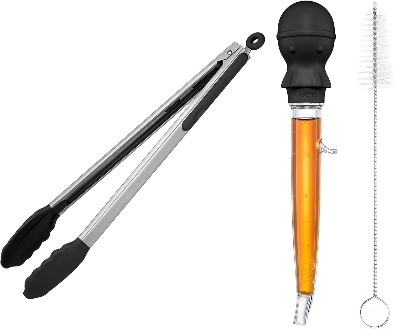 U-Taste 228.2℉ Heat Resistant BPA Free 1.5 oz Angled Turkey Baster, and 600℉ Heat Resistant 16in Kitchen Cooking Tong with Silicone Tip (Black)