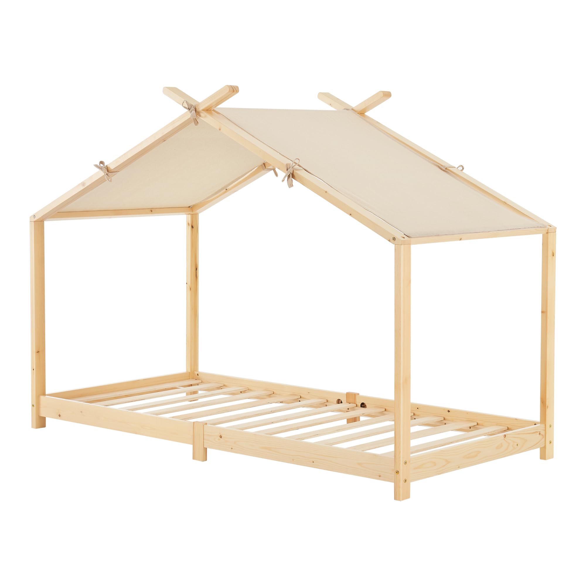 [en.casa] Cama para Niños con Techo de Textil Desmontable Cama Infantil Individual con Somier Estructura en Forma de Casa Estilo Montessori 90 x 200 cm Madera Pino - Natural y Beige