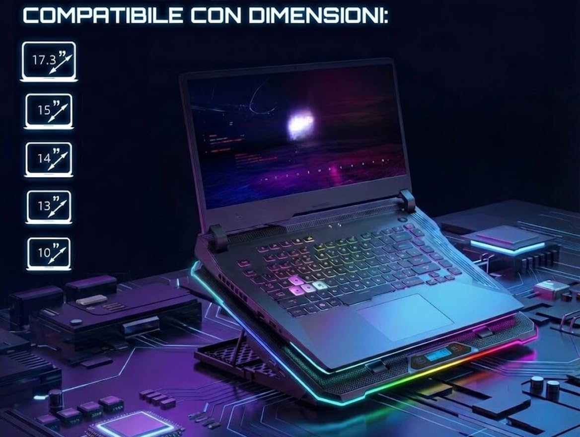 AABCOOLING QUANTUM - Ventola PC Portatile da 9-17" con Supporto per Telefono, 13 Ventole Silenziose ed Efficienti, Base Raffreddamento, 9 Livelli di Altezza, Supporto Notebook, Laptop Stand RGB