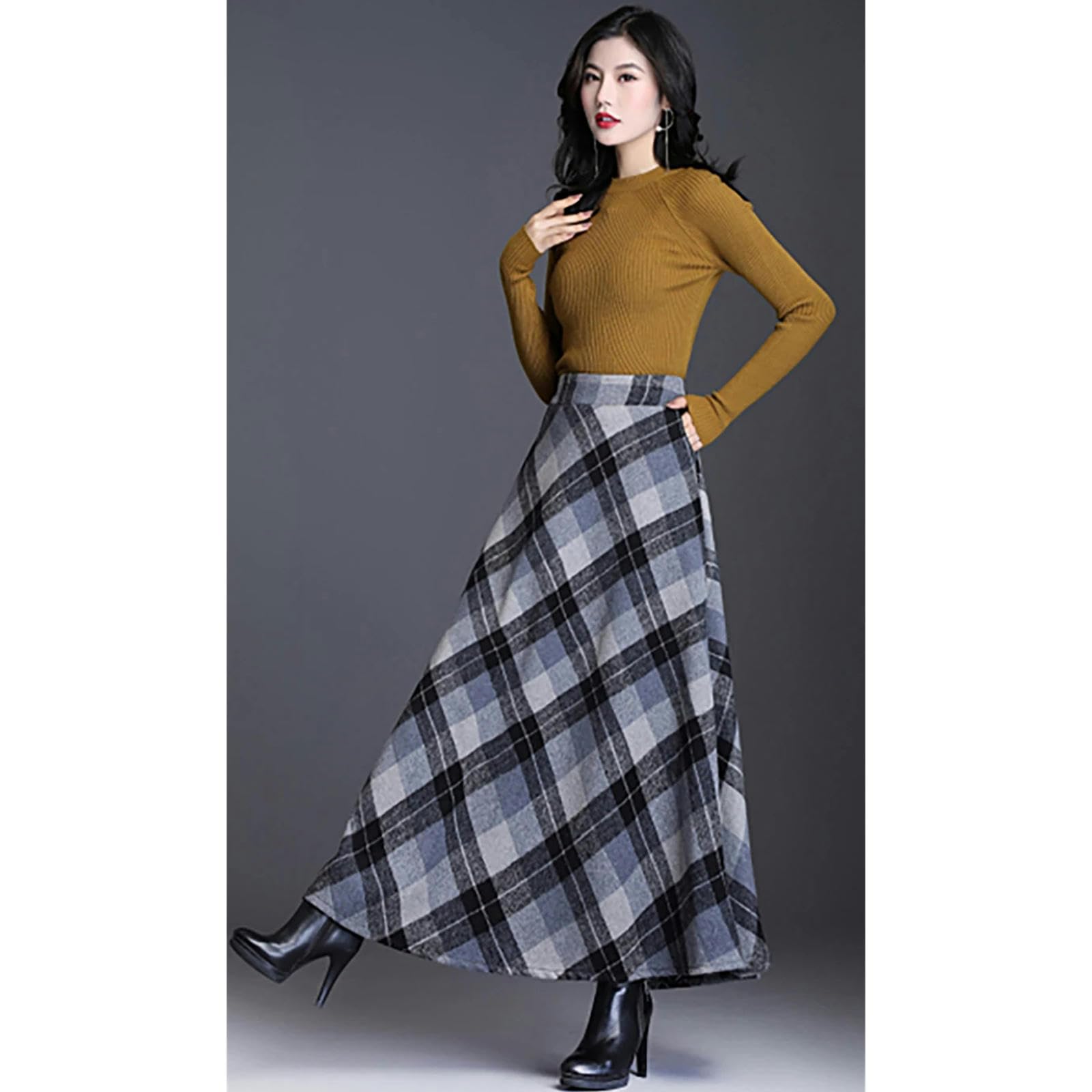 Damen Rock Frauen Hoher Taillenrock Vintage Falten Eine Linie Flared Skater Länge Midi Swing Kleid-Khaki -Rock-XXXL