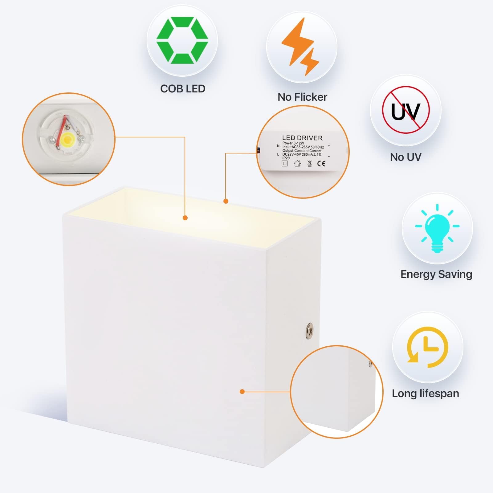 Lureshine Wandleuchte Innen LED Up an Down Wandlampe 10w Weiß | Moderne Aluminium Wandlampen Dekoration Warmweiß 3000K Wandleuchte Innen für Wohnzimmer Schlafzimmer Flur Treppenhau -2Stücke