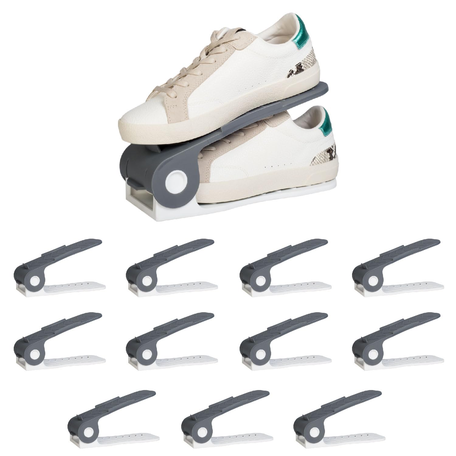 HomeStrap Plastic Shoe Organizer Slot (Pack Of 12) (Grey/White)| Adjustable | Space Saver | Double Deck Shoes Storage Holder For Rack And Shelf, 25X10X12 Cm