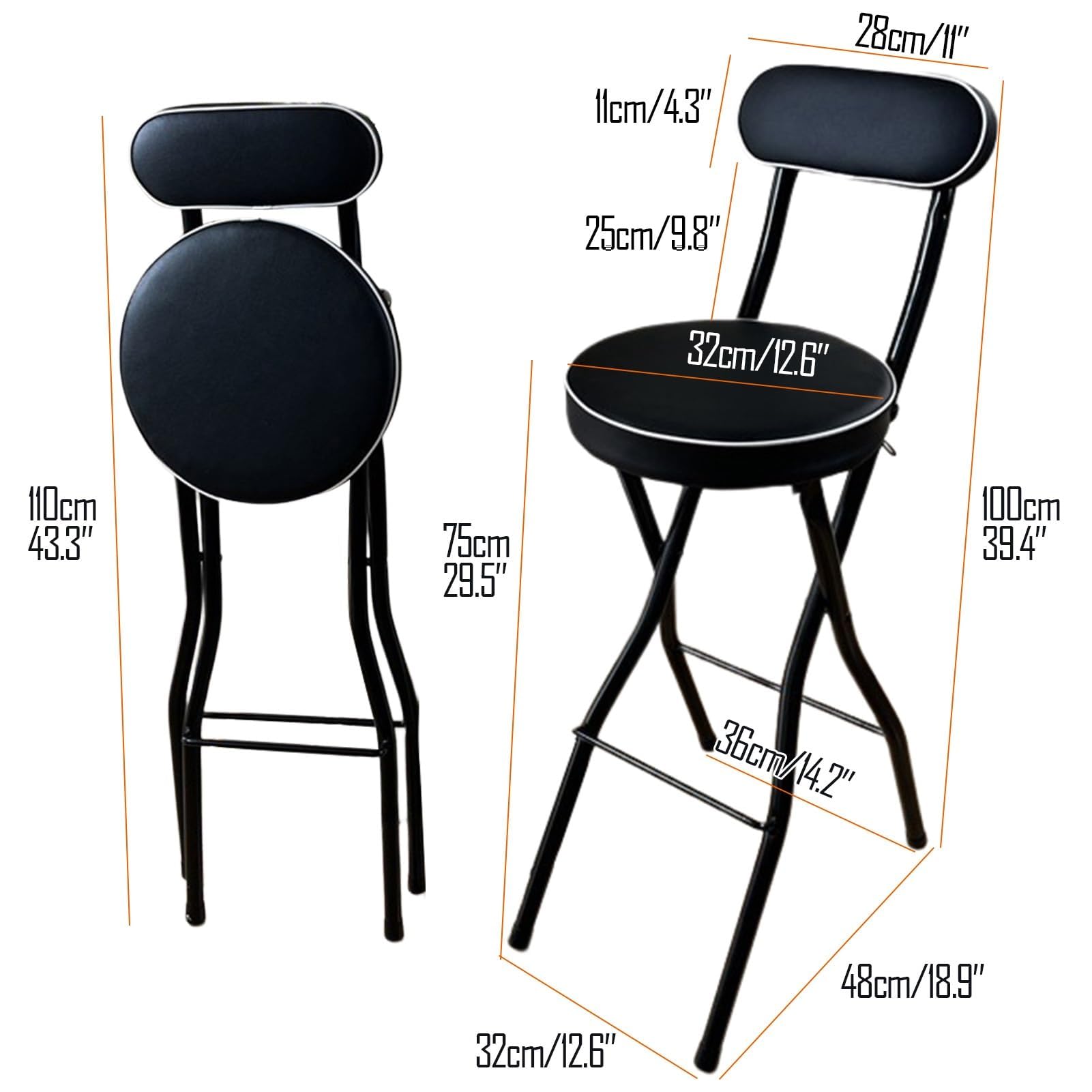 Taburete de Bar Redondo Acolchado y Plegable 70cm/75cm, Silla Alta para Adultos con Respaldo, Silla de Cocina Desayuno Plegable y portátil (75cm/30in)