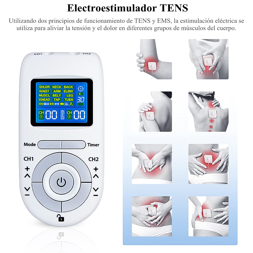 Electroestimulador Muscular, [12 Modos, 40 Intensidad] Tens Electroestimulador con 2 Canales, 4 Electrodos Autoadhesivos, Tens Ems Principio, Tens Fisioterapia para Relajar y Masajear Los Músculos