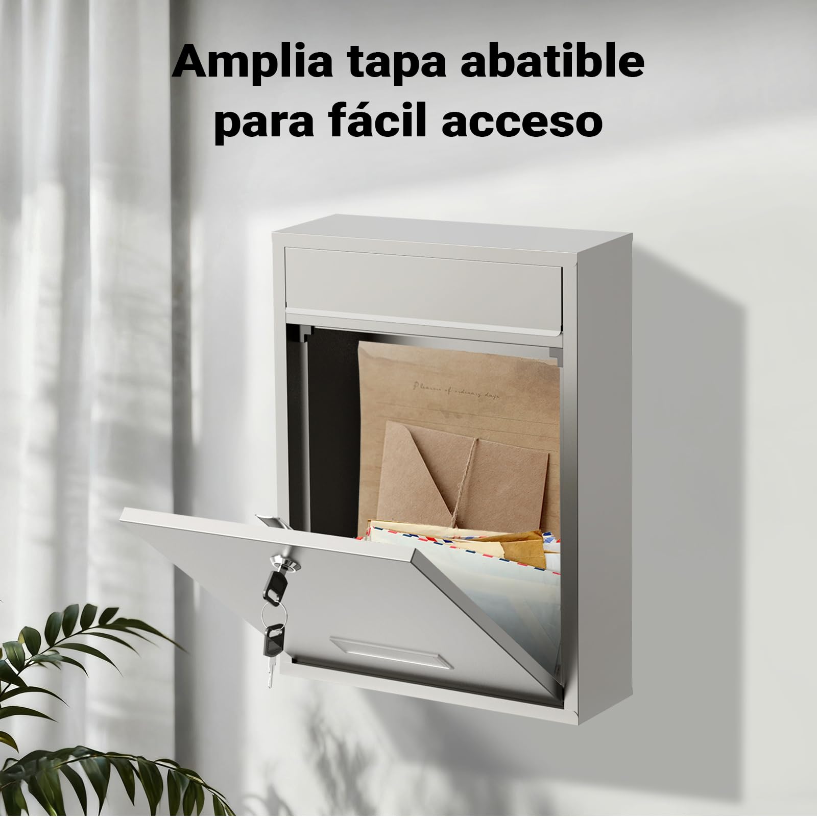Wiltec Buzón de Pared Acero Inoxidable V10 con Placa de identificación, Amplia Ranura para Cartas y 2 Llaves buzón de Acero con Recubrimiento en Polvo para Montaje en Pared