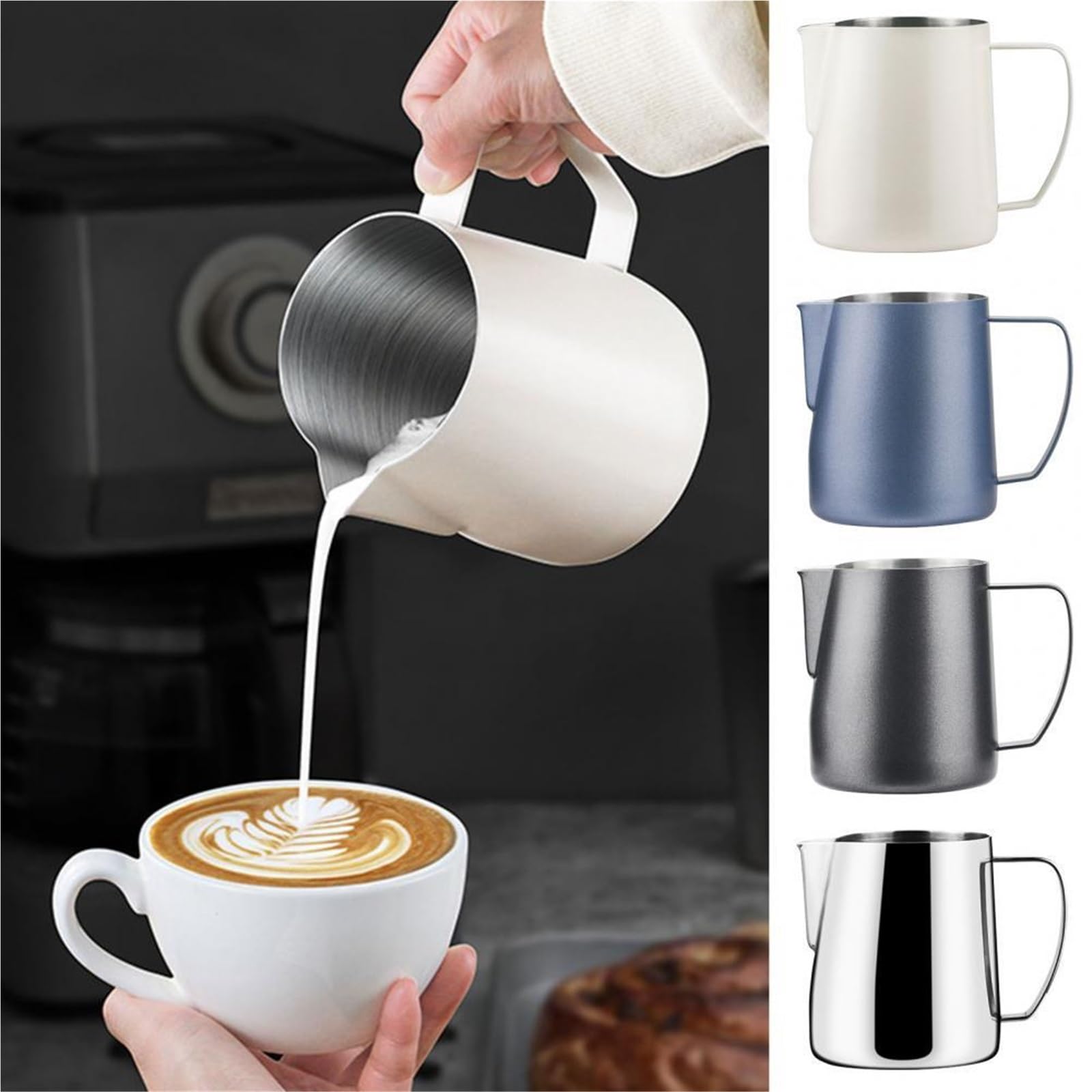Jarra humeante de café acero inoxidable, taza espuma leche, jarra Latte, Espumador grueso, 2 uds Para Espumar(Silvery 450ML)