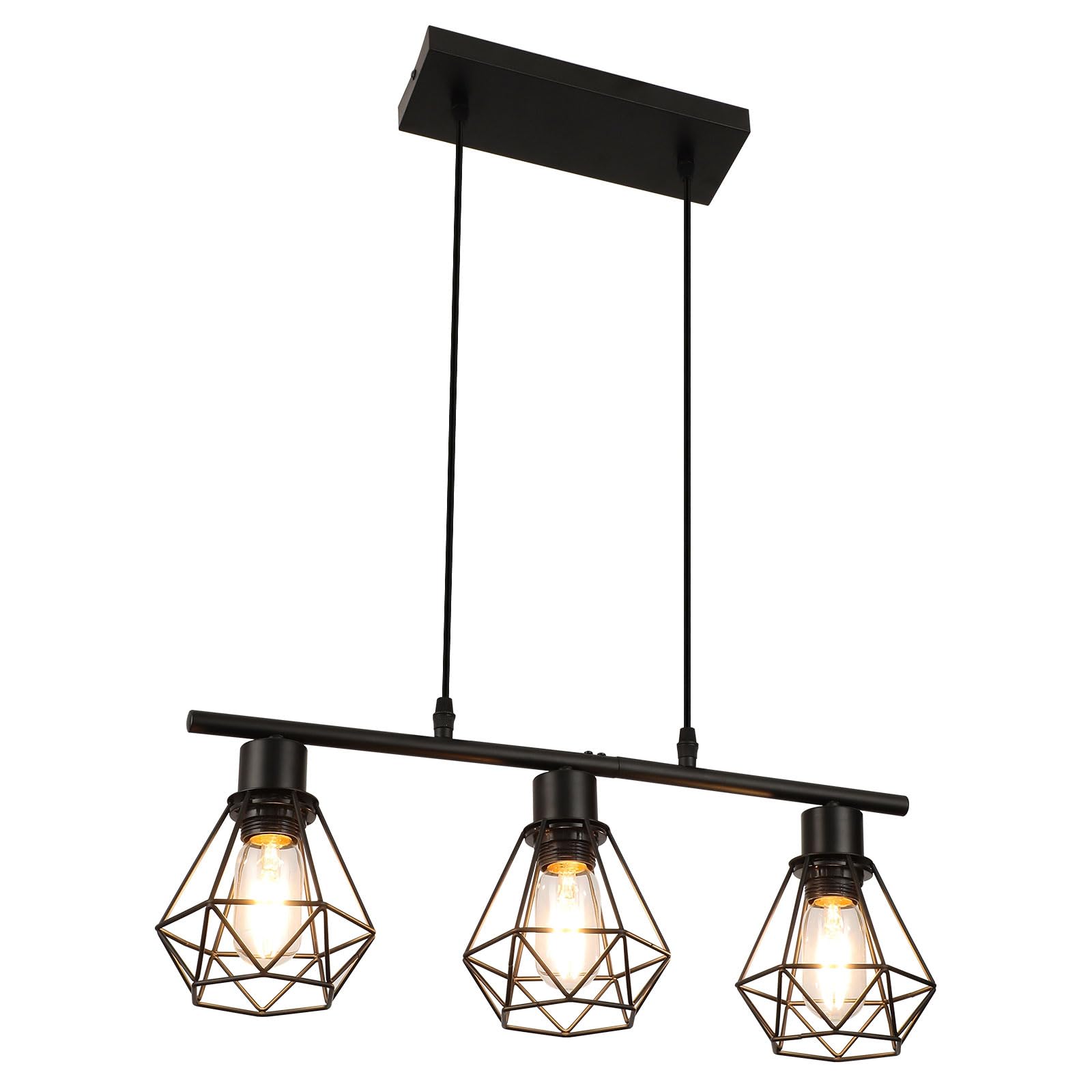 Pendant Lights 3 Lights, Industrial Metal Caged Ceiling Light Fittings E27 Black Hanging Lamp Light Fixture for Kitchen Island Dining Room Table Living Room