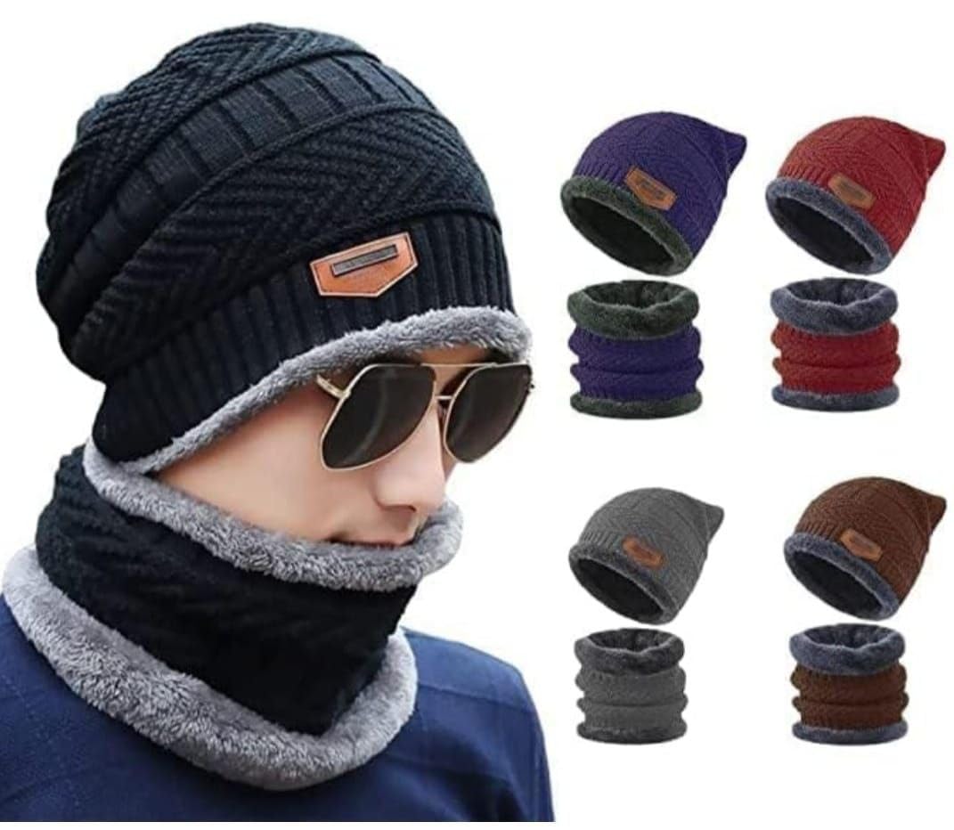 Winter Knit Beanie Hat with Neck Warmer Set, Fleece Lined Slouchy Cap, Black, Purple, Red, Brown, Grey Multi-Color Options-image-37
