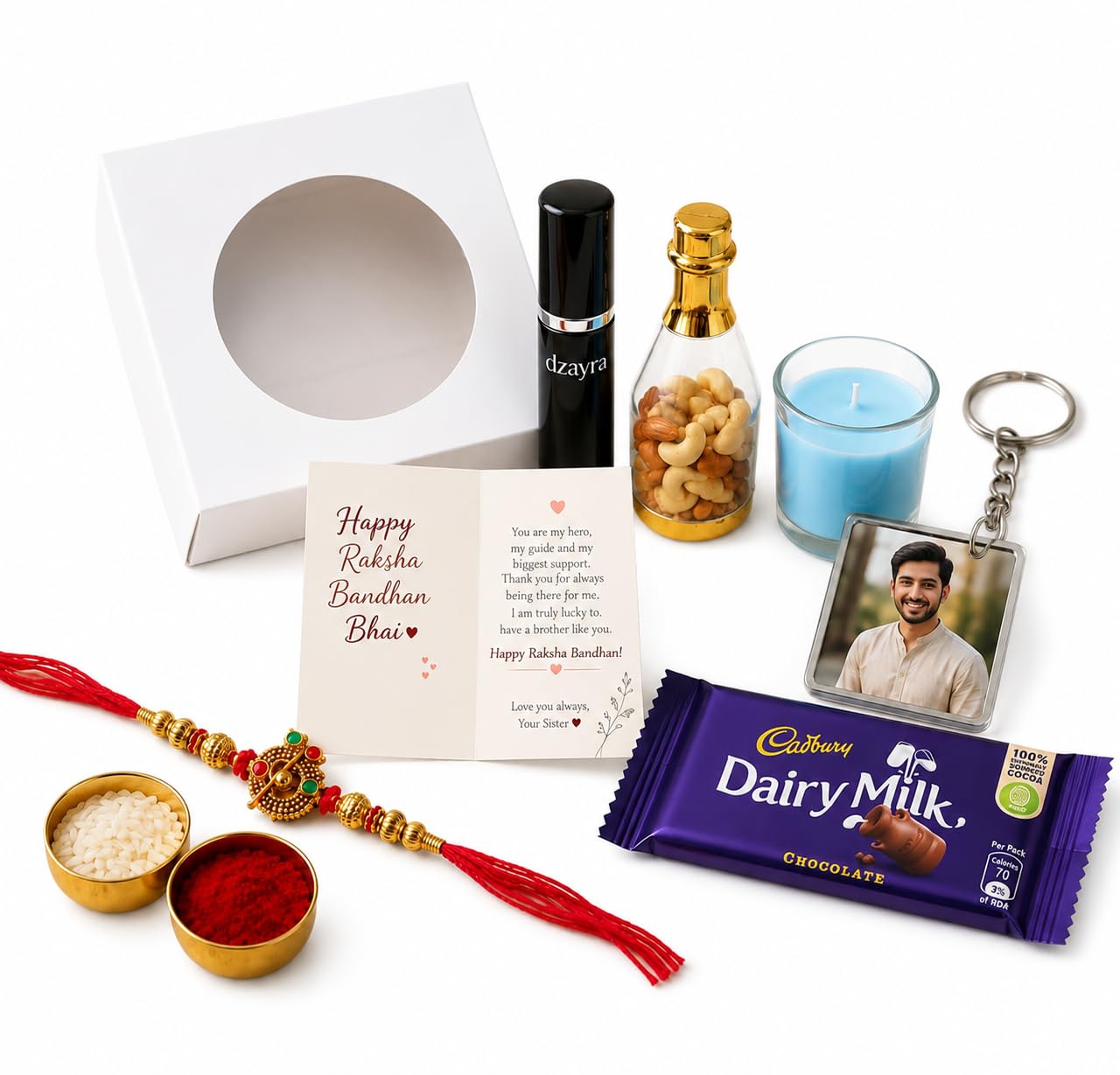 Raksha Bandhan Gift Hamper for Brother | Premium Rakhi Gift Set with Perfume, Scented Candle, Personalized Photo Keychain, Greeting Card-image-37