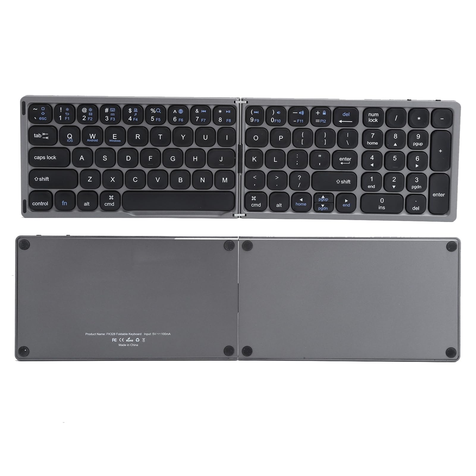 Tastiera Bluetooth Pieghevole, Tastiera Portatile Wireless Ultra Sottile di Dimensioni Standard con Tastierino Numerico Indipendente, Ideale per Tablet Smartphone IOS W (Grigio Ferro)