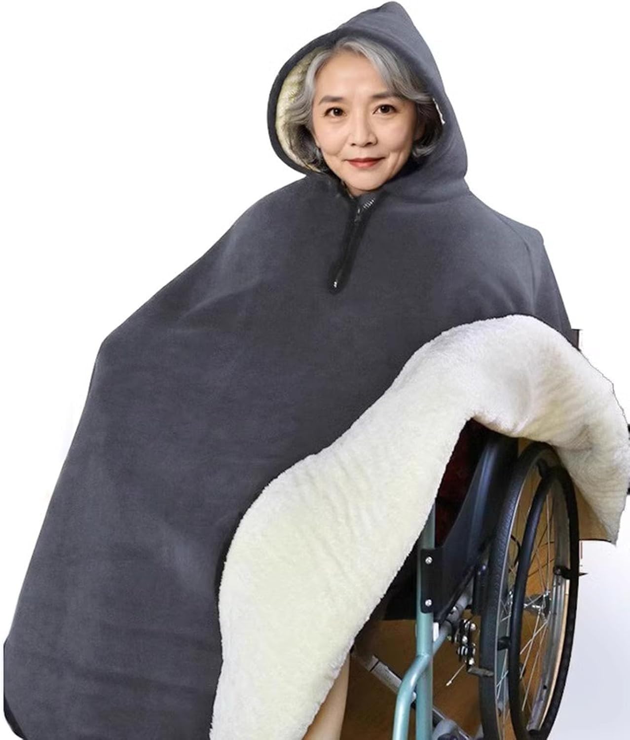 Manta para Silla de Ruedas con Capucha – Poncho Cálido Forrado de Felpa Antifrío para Adultos, Mayores y Personas con Movilidad Reducida, Capa Térmica de Invierno Gray