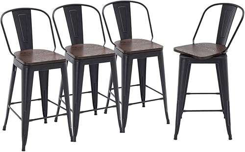 HAOBO Home Juego de 4 taburetes de bar giratorios de metal con respaldo alto (negro mate con asiento de madera, giratorios de 24 pulgadas)