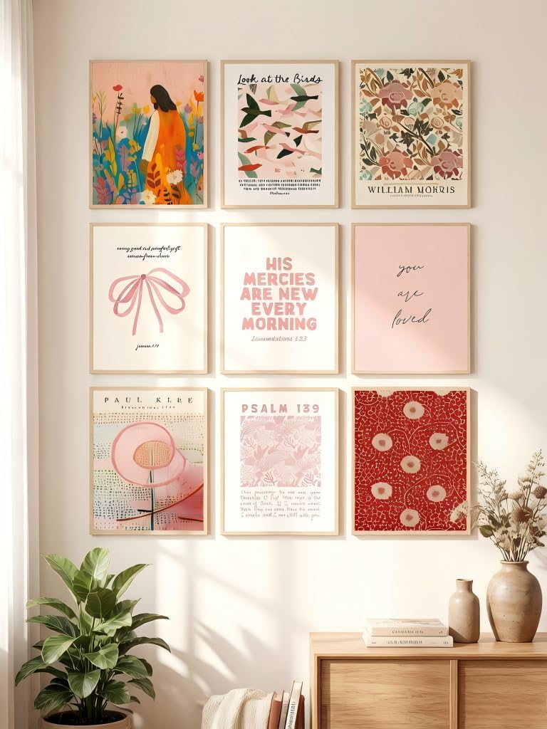 RYZopmuy Christian Wall Art Prints, Set of 9, Bible Verse Poster, Pink Floral, Unframed, 8x10 Inch living room, bedroom, bathroom Decor