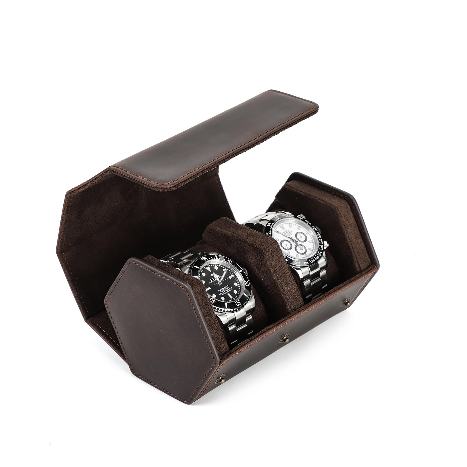 NFBCXUTKW Leather Watch Box, Genuine Leather Hexagonal Watch Storage Roll Case, Travel Watch Organizer Case (2 Slot, Coffee)