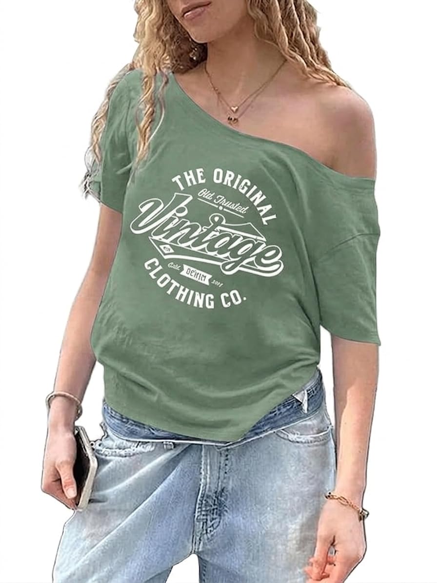 sxv style Vintage Print Women's Off-Shoulder Asymmetric Neck Women's T-Shirt Summer-picture-19