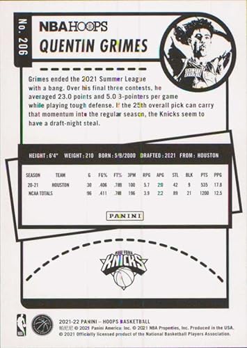 Miniatura 2 de 2021-22 NBA Hoops #206 Quentin Grimes RC Rookie New York Knicks Official Panini Basketball Card (Stock Photo Shown, card is straight from Pack and