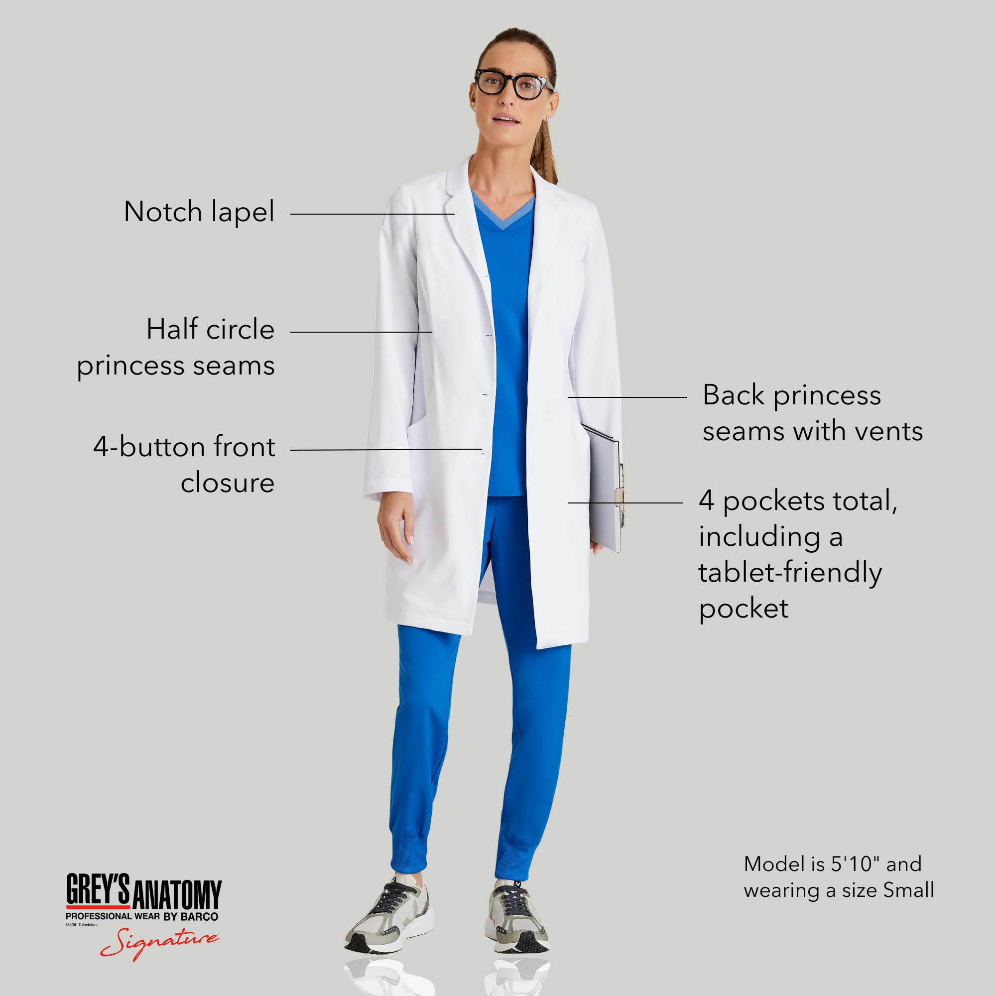 BARCO Grey's Anatomy Scrubs Signature - Penelope - Abrigo de laboratorio profesional para mujer, longitud completa, 4 botones, manga larga, 35-37 pulgadas