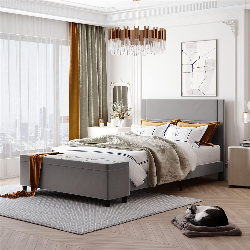 YSWH Wooden Upholstered Platform Bed with Cushioned Storage Ottoman, Queen Size Bedroom Furniture Frame Velvet Fabric Backrest Headboard (Light Gray)