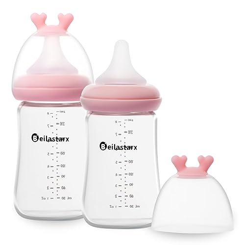 Biberones de vidrio con pezón de respuesta natural, tamaño M, biberones anticólicos, cuello ancho, flujo lento (rojo, 8 onzas (paquete de 2))