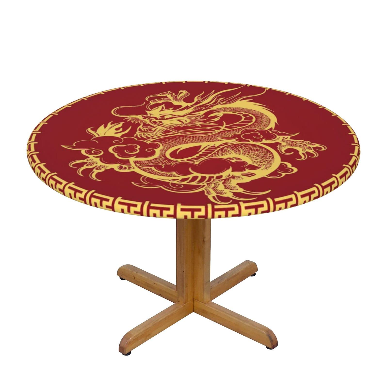 Lsjuee Round Fitted Tablecloth 45-50in Elastic Edged Table Cloth for Kitchen Dining Party Home Decor - Golden Dragon Red Asia