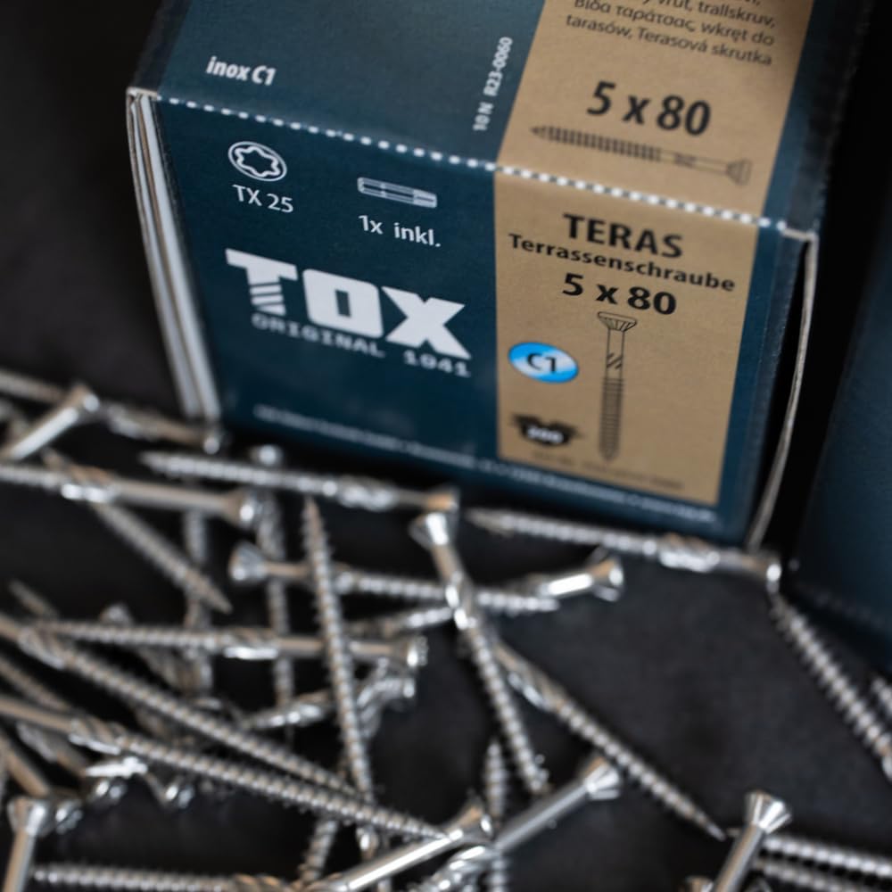 TOX viti per decking TOX TERAS 5,0 x 70 mm, viti con testa decorativa, resistenti agli agenti atmosferici grazie all'acciaio inox C1, TX25, 200 pezzi in scatola, incl. 1x bit, 113165415070