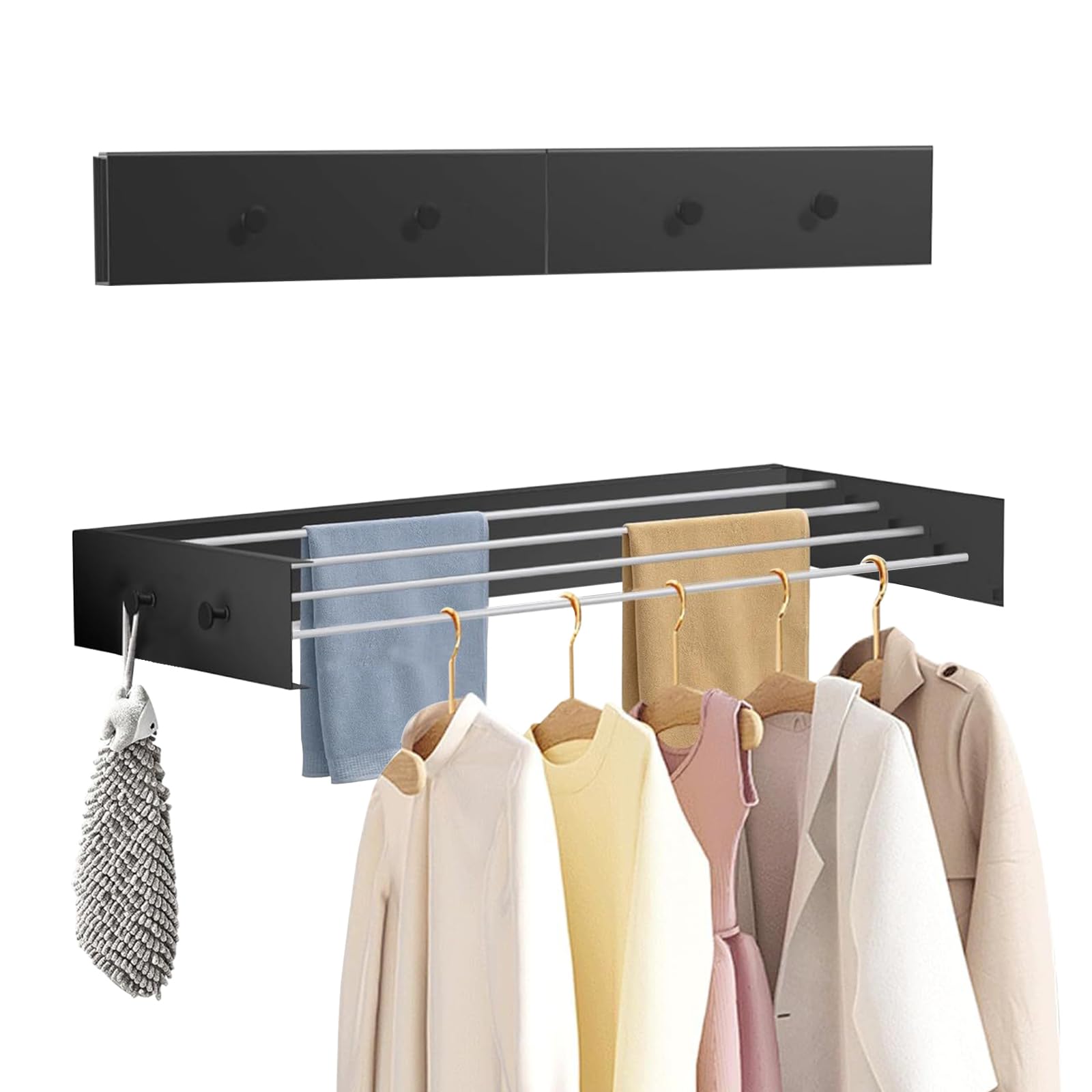 Séchoir à linge mural avec crochets de mise à niveau, simple, pliable, pour l'intérieur ou l'extérieur, extensible pour balcon, 60 cm avec 4 crochets, noir