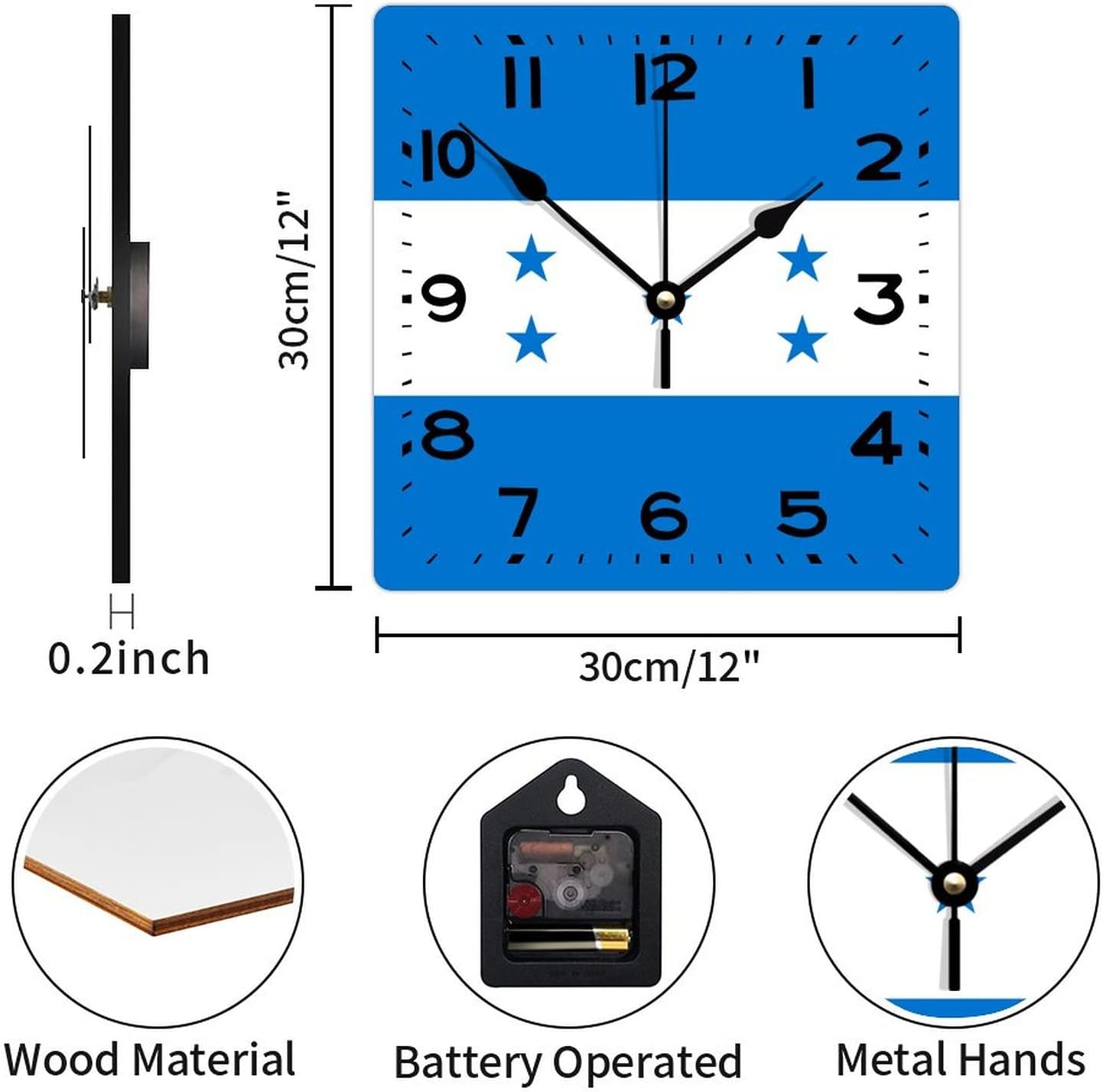 Wooden Wall Clock Honduras Flag 12 Inch Modern Square Wooden Wall Clock Easy to Read with Big Numbers Rustic Wood Clock for Farmhouse Bathroom Wall Decor Home Accent Decor