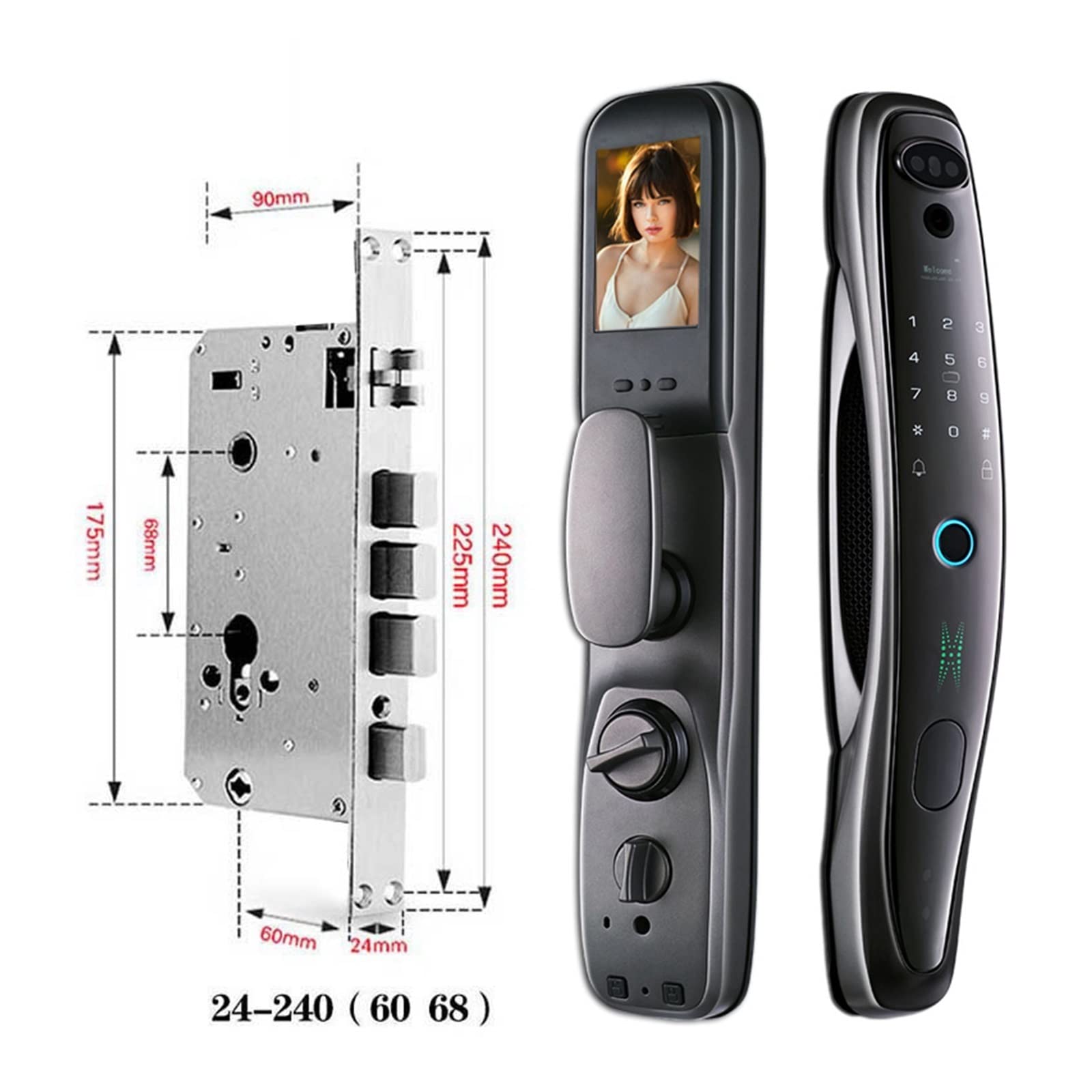 Inteligentny zamek do drzwi, Tuya Smart 3D Face Blokada drzwi Security Face Camera Monitor Inteligentne hasło linii papilarnych Biometryczny klucz elektroniczny Odblokuj(Gray-24-240-6068)