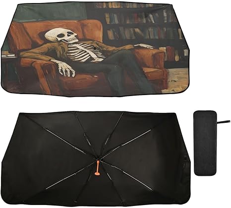 ALAZA Sugar Skull Bookworm Book Car Umbrella Cover Foldable Windshield Shade for Car Car Front Window Blocks UV Rays