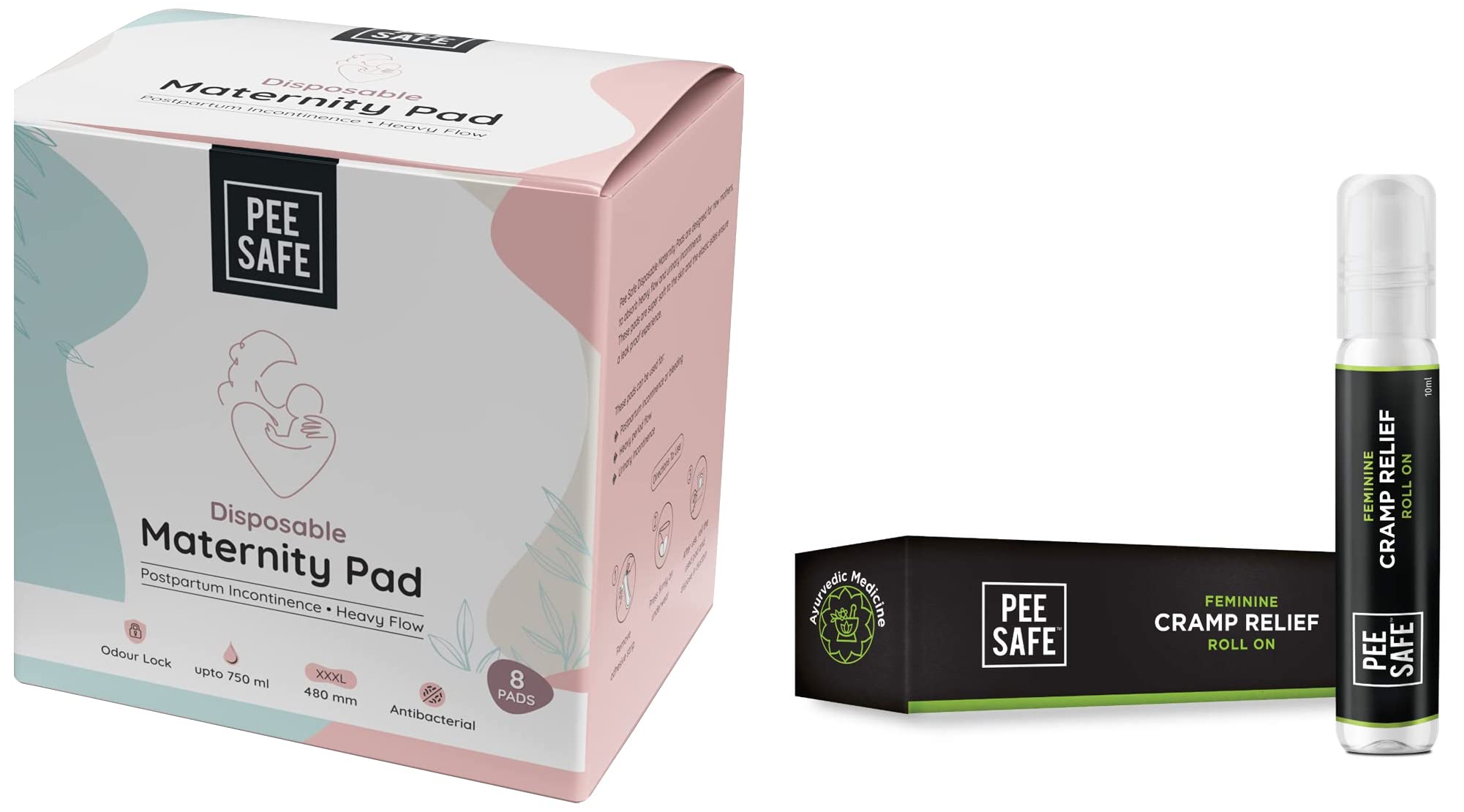 PEESAFE Maternity Pads - Pack Of 8, 480mm & Feminine Cramp Relief Roll On with Ayurveda Extracts (10 ml) (B0B9XK7179) Amazon Price History, Amazon Price Tracker