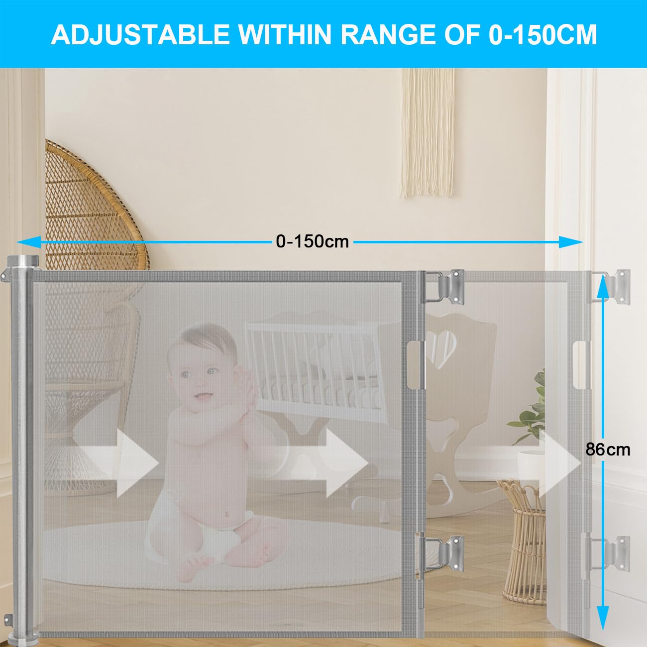Cancelletto estensibile per scale, 0-150 cm Porta retrattile e cancelletto per bambini e animali domestici, barriera per bambini estensibile, adatto per Scale Interni Esterni Corrido (Grigio)