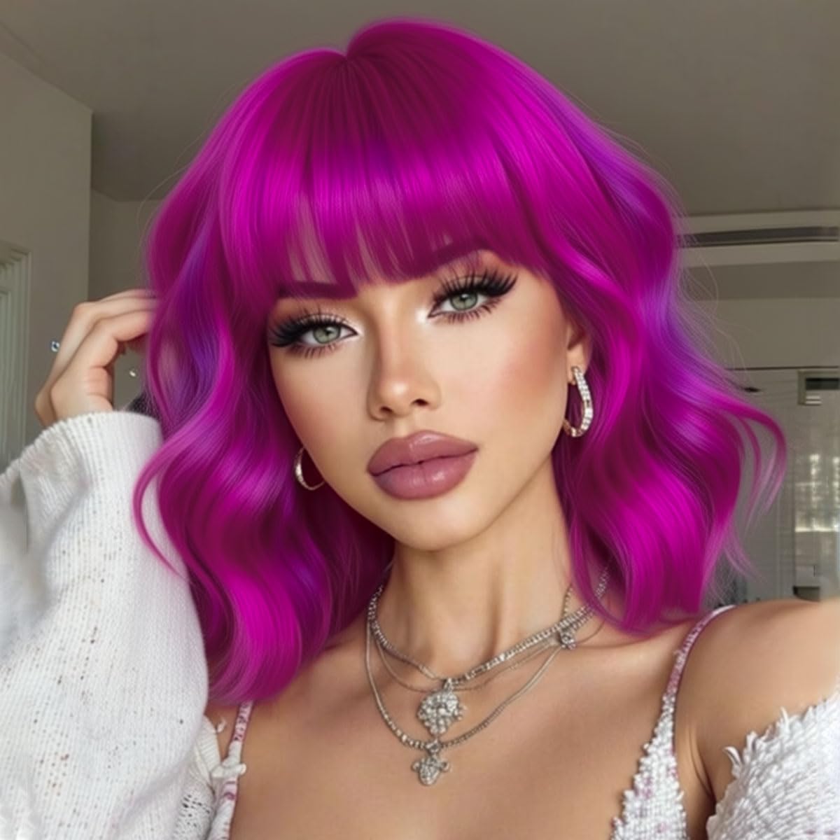 Rose mixed Purple Wigs with Bangs for Women,Shoulder Length Short Wavy Bob Wigs With Bangs Synthetic Bob Wig Curly Wig Heat Resistant Colorful Wavy Wig Cosplay Wigs For Daily Party(12 Inch)