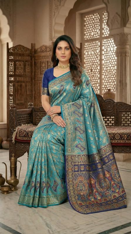 Image of C J Enterprise Women's Pure Soft Silk Saree With Blouse Piece For Wedding (Damru-Patola)