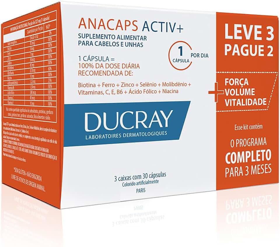 Ducray Anacaps Activ+ Kit Leve 3 Pague 2 Suplemento Antiqueda Capilar, Fortalece Cabelos Finos e Frágeis com Vitaminas e Minerais, Aumenta Densidade em 92%, Força em 95% e Volume em 87% em 3 Meses, Suplemento Alimentar