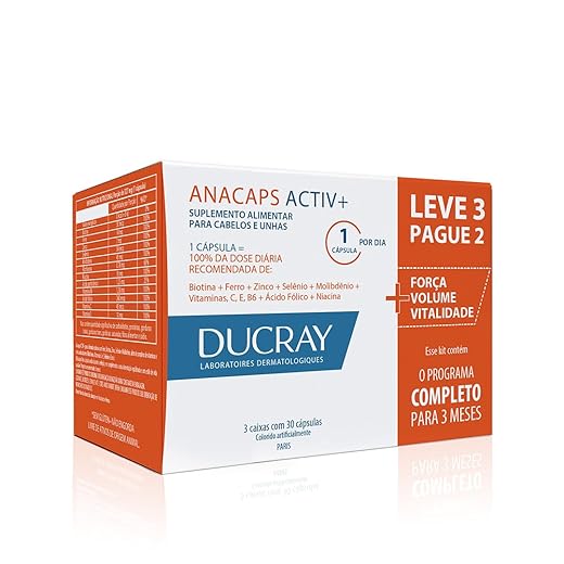 Ducray Anacaps Activ+ Kit Leve 3 Pague 2 Suplemento Antiqueda Capilar, Fortalece Cabelos Finos e Frágeis com Vitaminas e Minerais, Aumenta Densidade em 92%, Força em 95% e Volume em 87% em 3 Meses, Suplemento Alimentar
