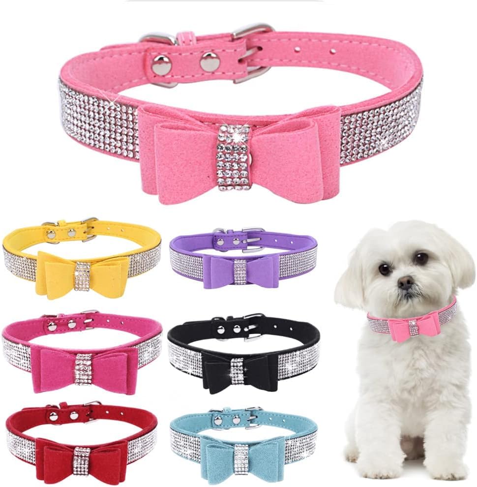 Small Dog Collars for Female Dogs, Cute Bling Rhinestone Crystal with Bow Tie Glitter Diamond Bowtie Puppy Collars for XS Small Medium Pet Girls Dogs